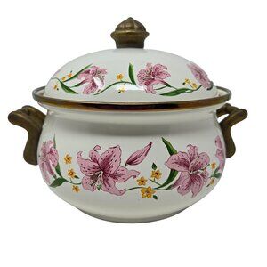 Normandy Taiwan Vintage Lily Floral Enamelware Soup Tureen Pot With Lid & Brass